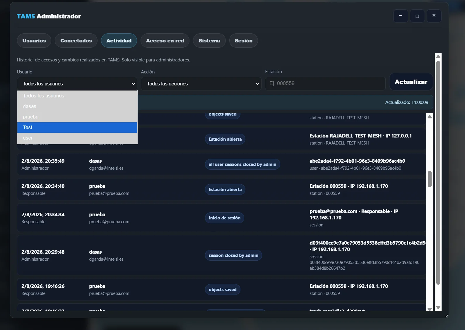 Nuevo panel de administrador de TAMS con historial y filtros de actividad