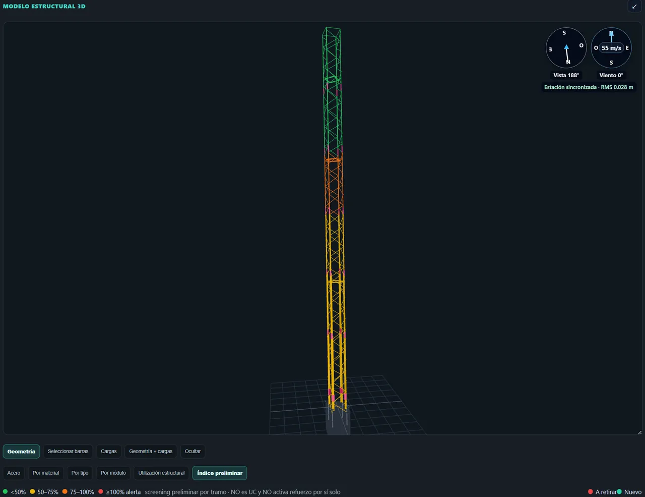 Modelo estructural 3D de torre en TAMS visualizado por geometría